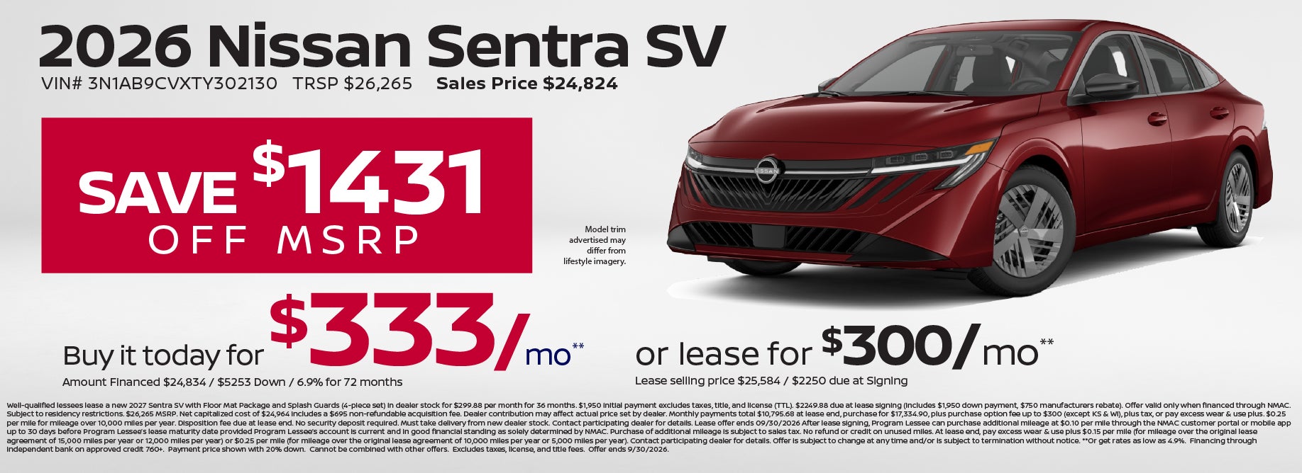 Lease a new Sentra starting at $300/mo